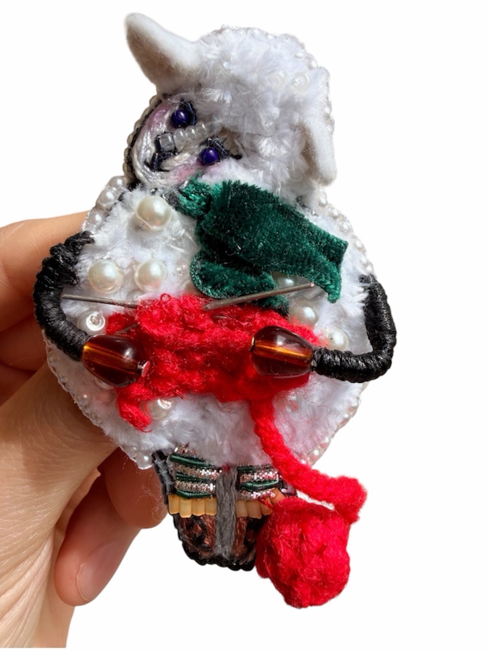 Handmade White Sheep Brooch with Red Scarf and Green Accent